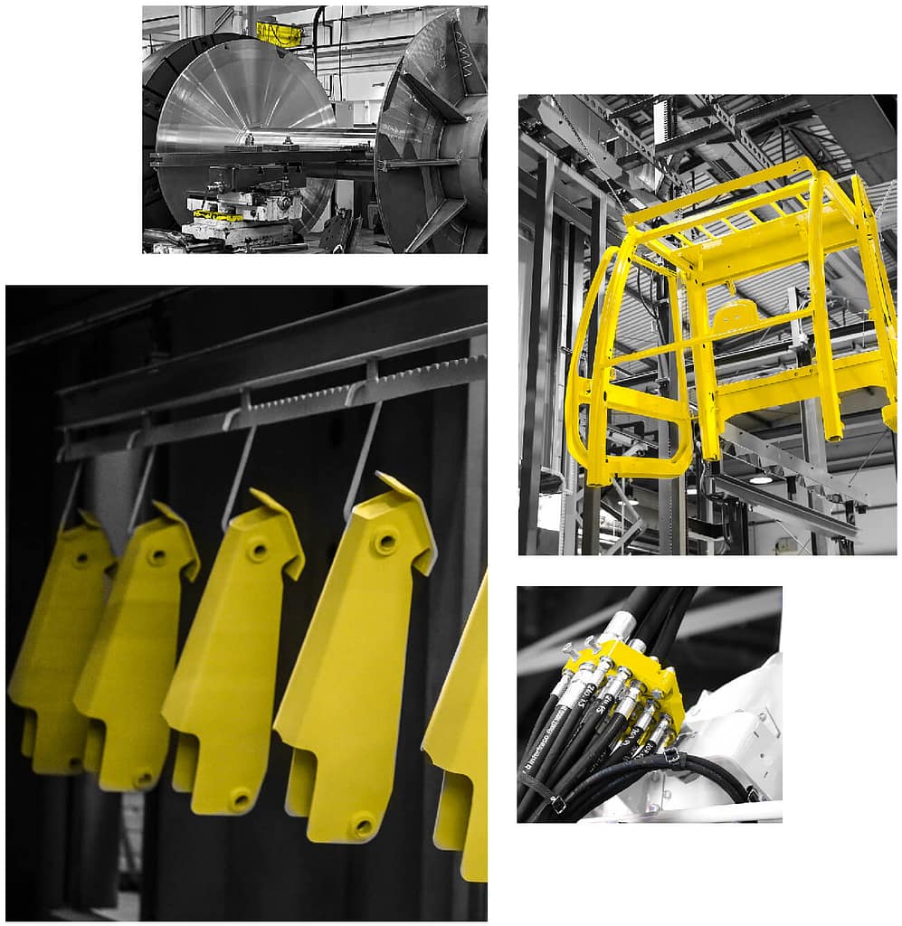 A series of pictures of yellow equipment in a factory.